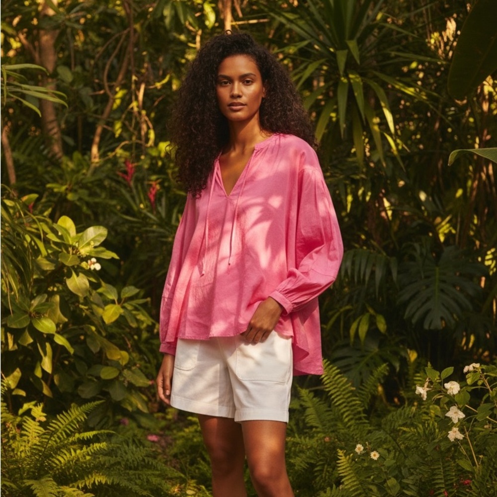 NEW XiRENA Pink Relaxed Blouse with‎ Neck Tie and Long Sleeves